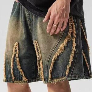 Punk hip-hop fashion flanged casual men denim shorts American Gothic Harajuku